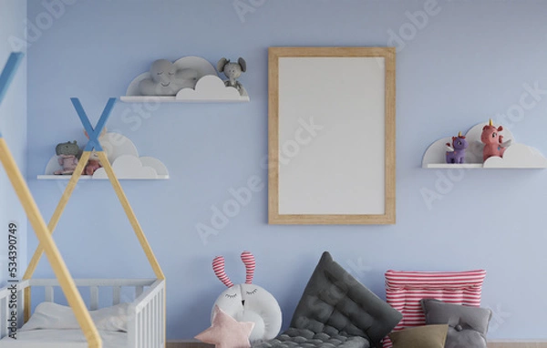 Fototapeta 3D mockup blank photo frame in chirldren room rendering