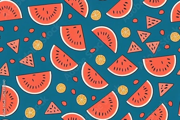 Fototapeta Summer seamless pattern with red watermelon slices on blue background. Cute and funny hand drawn fruits for textile or print on any surface