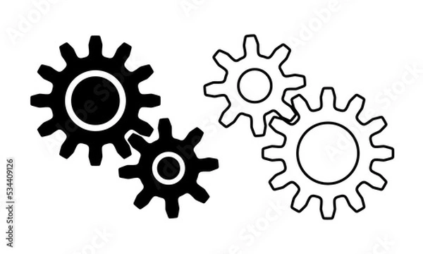 Fototapeta Set of 2 mechanical cogwheels, small 8 teeth and large 12 teeth. Silhouette gear icon design element. Black line art on a white background. Vector illustration.