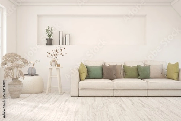 Fototapeta White living room with sofa. Scandinavian interior design. 3D illustration