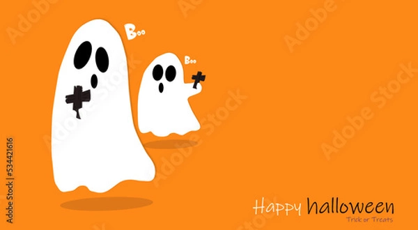 Fototapeta flying ghost holding a cross happy halloween scary white ghost cute cartoon spooky character smiley face vector illustration flat design
