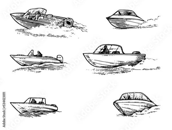 Fototapeta Set of Boats rides on waves. Small ship sails on sea, lake or river. Plastic composite boat with motor. Hand drawn outline sketch. Isolated on white background. Vector.