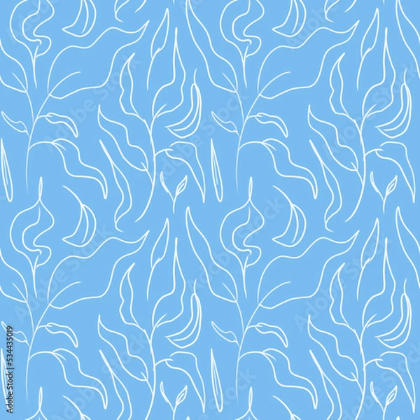 Fototapeta Floral seamless pattern with hand drawn elements. White lineart leaves on blue backgrpund. Seamless pattern for textile, pajamas, wrapping paper