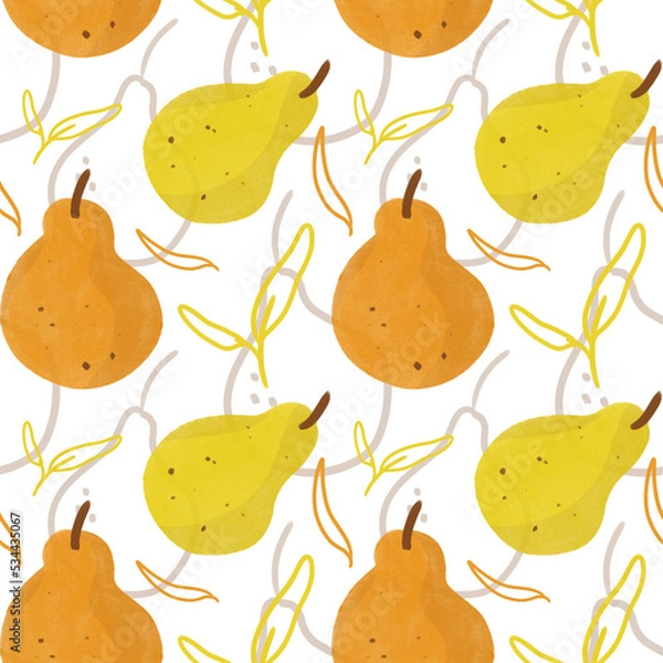 Fototapeta Stylish watercolor pears seamless pattern. Watercoloring fruit on white background. Natural seamless texture. Illustration for textile, pajamas, wrapping paper