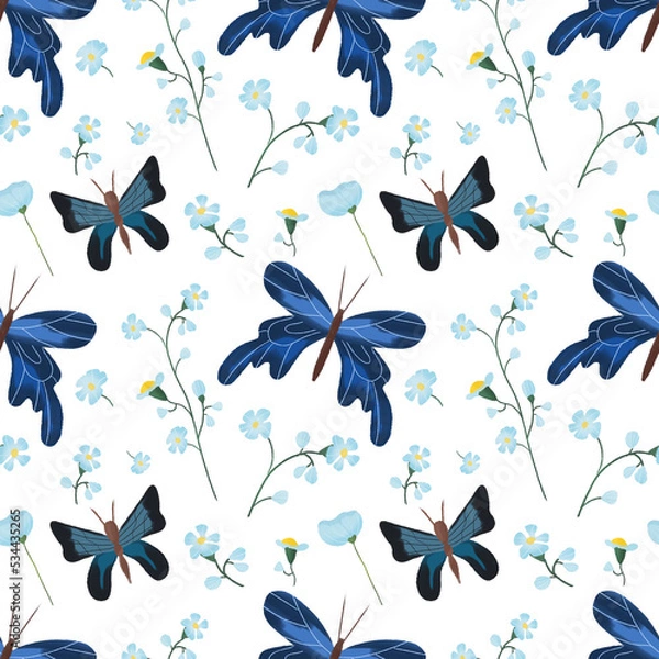 Fototapeta Insect seamless pattern on white background. Hand drawn elements: blue butterflies, chamomiles and greenery. Natural design for textile, pajamas, wrapping paper, etc