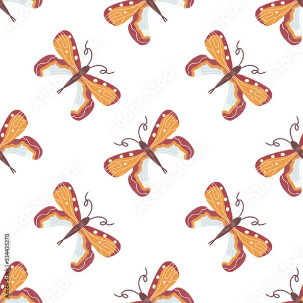 Fototapeta Cute butterfly seamless pattern on white background. Colorful insect mono element with butterfly. Natural design for textile, pajamas, wrapping paper, etc
