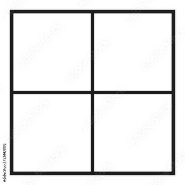 Obraz Black outlined square divided in four parts, into quarters. 2x2 grid. Isolated png illustration, transparent background. Asset for overlay, montage, collage, presentation. Business concept.	