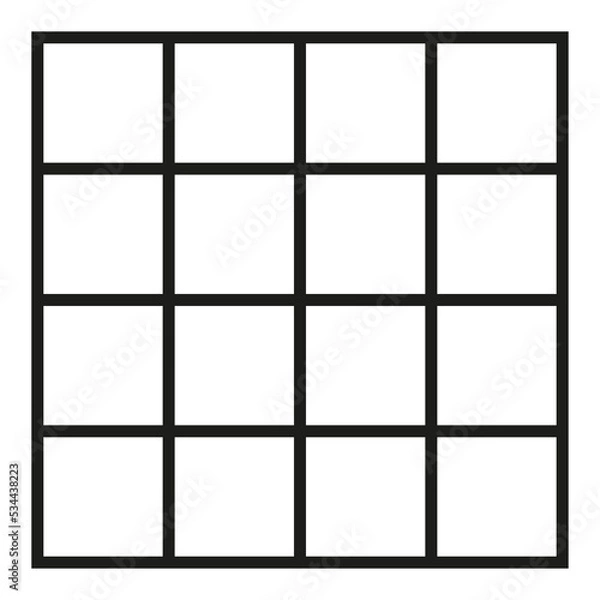 Obraz Black outlined square divided in sixteen parts, into sixteenths. 4x4 grid. Isolated png illustration, transparent background. Asset for overlay, montage, collage, presentation. Business concept.	