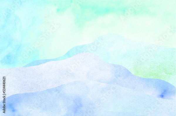Fototapeta Watercolor background, mountains and sky hills, pale blue turquoise, cornflower blue, violet color transition, landscape