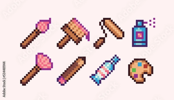 Fototapeta Painting tools pixel art set. Artist equipment collection. Paintbrushes and paint tubes. 8 bit sprite. Game development, mobile app.  Isolated vector illustration.