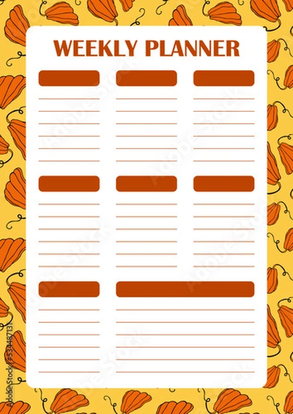 Fototapeta Autumn design template, hand drawn pumpkins, flat vector illustration
