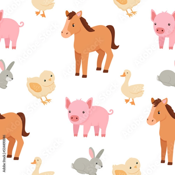 Fototapeta Cute cartoon rabbit, pig and horse. Vector flat cartoon seamless pattern on white background. Farm animals
