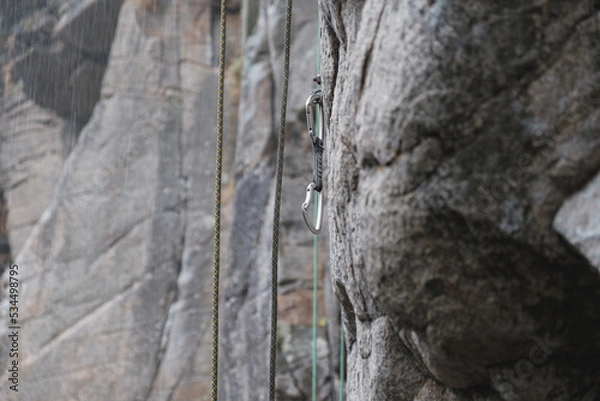 Obraz Climbing area Buksky canyon, rain on the Gorsky Tikich river near high granite rocks, Cherkasy region