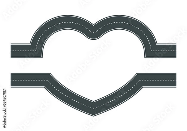 Fototapeta Vector illustration of heart shaped road with white markings isolated on white background. Empty heart shaped asphalt road in top view. Valentine Day template.