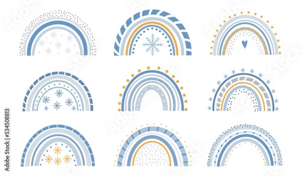 Fototapeta Cute winter magic rainbows with snowflakes on a white background. Sweet childlike drawing of an abstract Scandinavian colorful arch. Childrens flat vector illustration in doodle style.