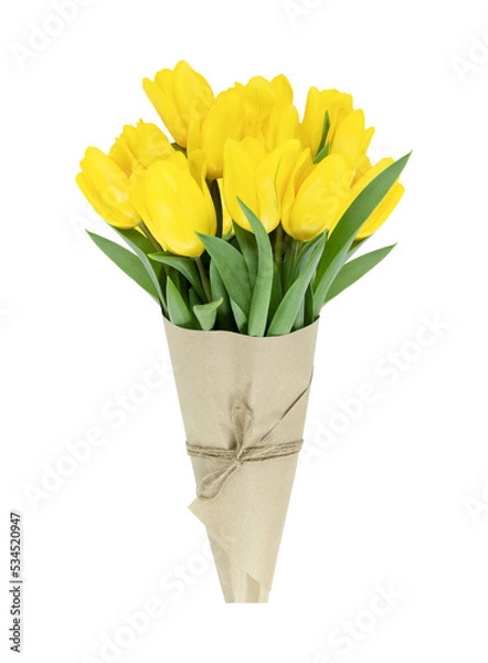 Obraz Bouquet of yellow tulips wrapped in craft paper isolated on transparent background.