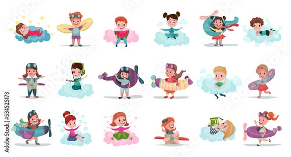 Fototapeta Playful Kids Flying in Handcrafted Plane and Sitting on Soft Fluffy Clouds Big Vector Set