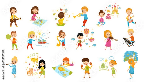 Obraz Kids Talents with Smiling Boy and Girl Drawing and Playing Musical Instruments Vector Big Set