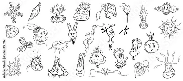 Obraz Set of black contour images of monsters on a white background