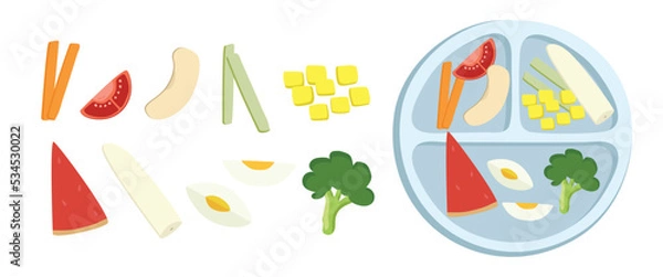 Fototapeta Baby led weaning food clipart. Baby-led weaning BLW plate full of finger food for kid self-feeding flat vector illustration. Carrot, tomato, banana, apple, egg, broccoli, watermelon cartoon style icon