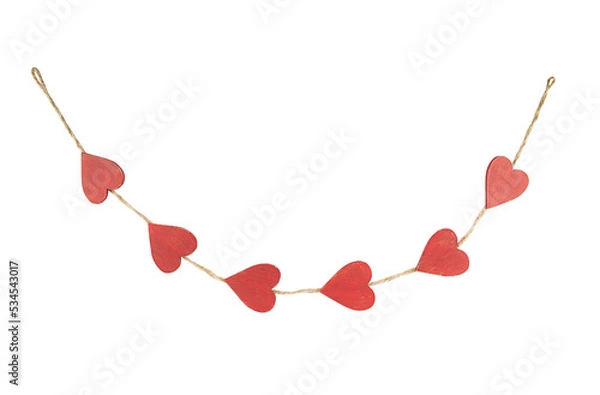 Fototapeta Hanging rustic garland from red wooden hearts isolated on transparent background.