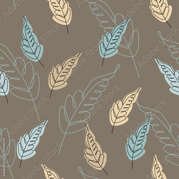 Fototapeta Decorative leaves drawn in doodle style in pastel colors on a brown background. Floral seamless pattern. Flat vector illustration.