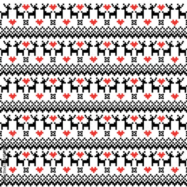Fototapeta Winter sweater pattern with deers, snowflakes and red hearts