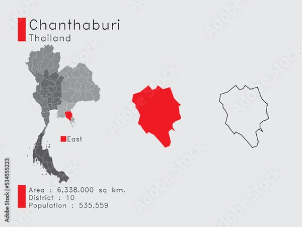Fototapeta Chanthaburi Position in Thailand A Set of Infographic Elements for the Province. and Area District Population and Outline. Vector with Gray Background.