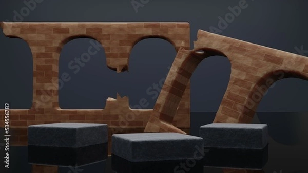 Fototapeta Product display - 3 items separated, concrete stand, ruined brick wall, black water