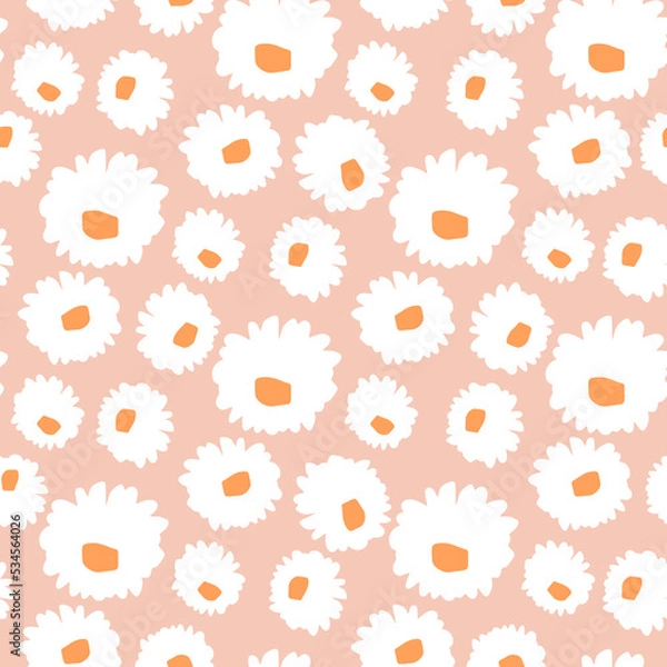 Fototapeta Seamless daisy pattern with hand drawn flowers. Botanical floral texture in minimalistic style. Vector illustration