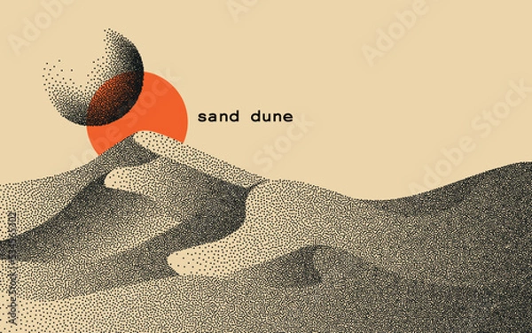 Fototapeta Vector landscape of sand dune in dotwork style. Stipple illustration design. Old retro dot texture vintage gradient. Pointillism graphic. Grain terrain wallpaper.