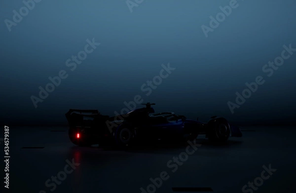 Fototapeta Silhouette of a modern generic sports racing car standing in a dark garage. 3d rendering
