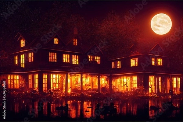 Fototapeta Halloween house on fire with full moon. Scary building at night, trees and forest, bat. Ai generated image