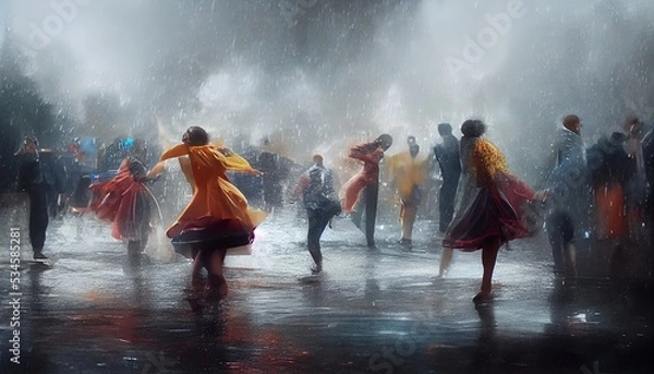 Fototapeta Illustration image of people dancing under the rain. Ai generated image.