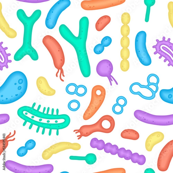 Obraz The human microbiome is a seamless pattern. Vector image. Bifidobacteria, lactobacilli. Lactic acid bacteria. Illustration in a flat style.