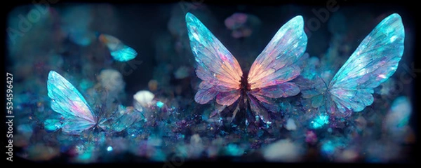Fototapeta Duże oszałamiająco piękne bajkowe skrzydła fantasy Crystal Glast Blost Butterfly siedzi na jasnoniebieskim kamieniu. Owad rzuca cień na przyrodę. Owad ma wiele kątów geometrycznych. 3d render