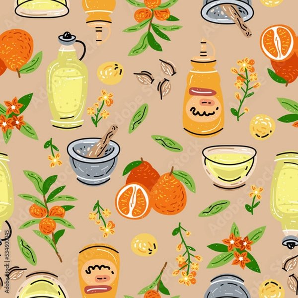 Fototapeta Colored seamless pattern of food and drink. For the menu of restaurants, cafes, and canteens. Fresh food. Harvest. Sauces, mayonnaise, mustard.