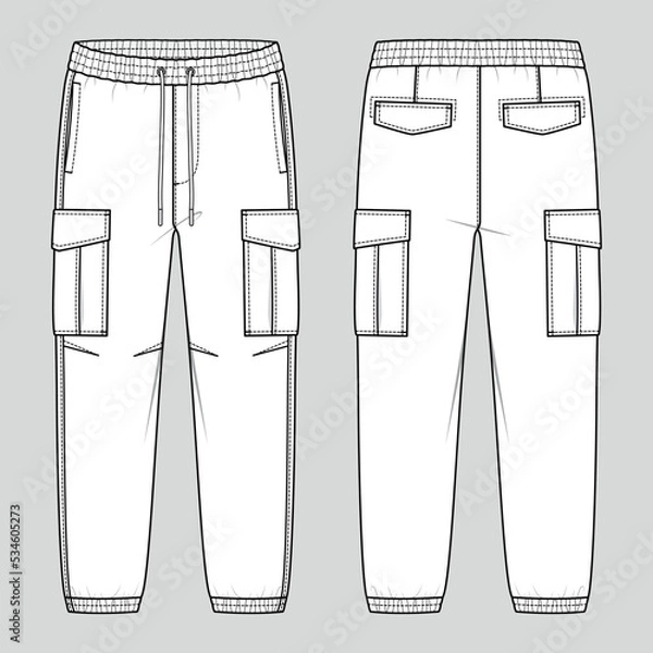 Fototapeta Cargo fit jogger pants with an elasticated drawstring waist and flap pockets. Men's casual wear. Vector technical sketch. Mockup template.