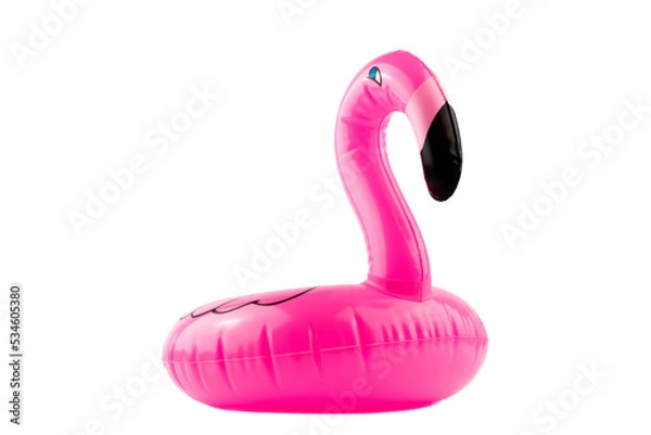 Fototapeta Beach flamingo. Pink pool inflatable flamingo for summer beach isolated on white background. Funny bird toy for kids.