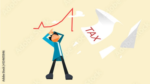 Fototapeta Income tax filing, stock market crash, inflation and deflation, broker nightmare, expert businessman freak out illustration, loans and debts
