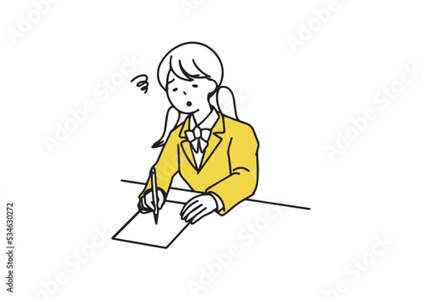 Fototapeta テストが難しい女子生徒　シンプルな線の人物イラスト