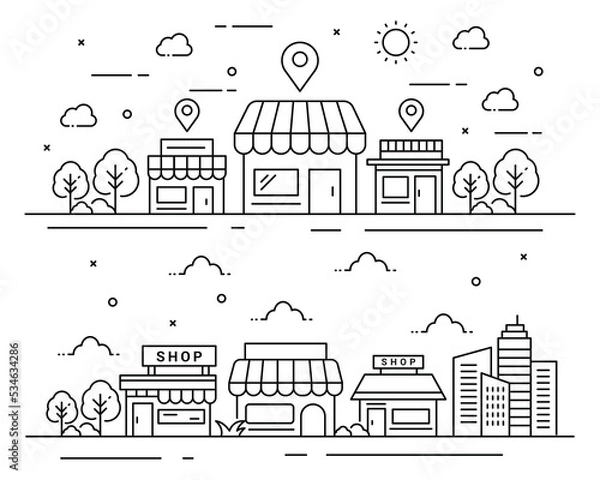 Fototapeta Store building in line style illustration with store location