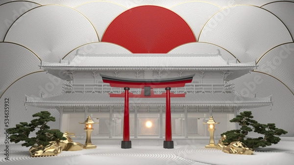 Obraz torii gates red and Bonsai tree on a white background. 3d rendering