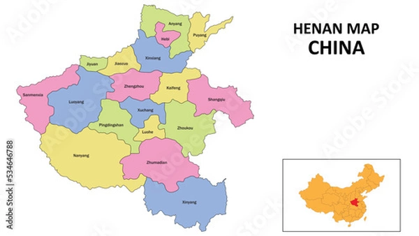 Fototapeta Henan Map of China. State and district map of Henan. Detailed colorful map of Henan.