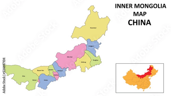 Fototapeta Inner Mongolia Map of China. State and district map of Inner Mongolia. Detailed colorful map of Inner Mongolia.