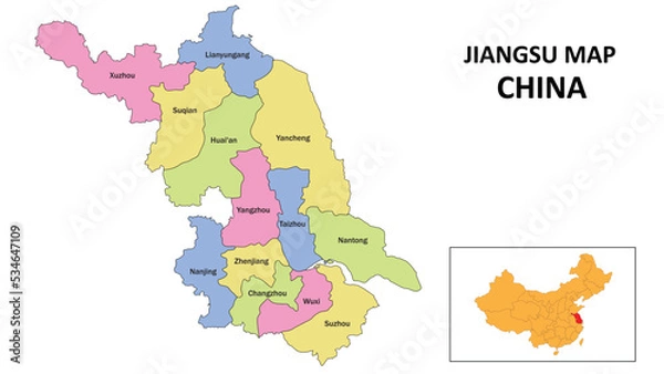 Fototapeta Jiangsu Map of China. State and district map of Jiangsu. Detailed colorful map of Jiangsu.
