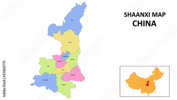 Fototapeta Shaanxi Map of China. State and district map of Shaanxi. Detailed colorful map of Shaanxi.