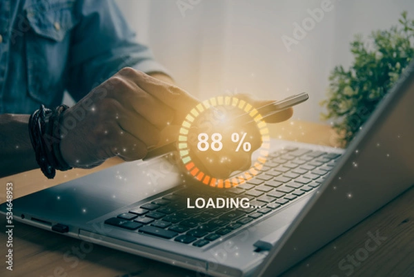 Fototapeta Casual Businessman Touching Mobile Phone and Green Orange Circle Website Loading Speed in Vintage Tone