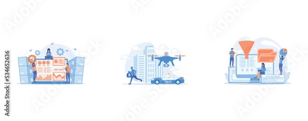 Obraz Laptop with data visualization software and developers working, Police car and drone tracking thieve in mask with money and crime scene, Dashboard consolidating metrics on computer screen, set flat ve