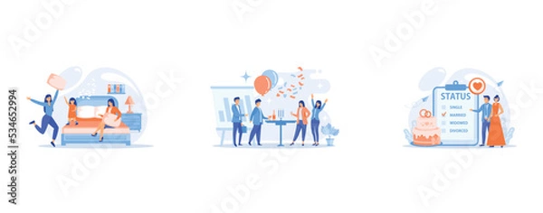 Fototapeta Happy tiny people female teens pillow fight in bedroom at slumber party, Happy tiny business people dancing, having fun and drinking wine, Married couple and marital status on clipboard, tiny people, 